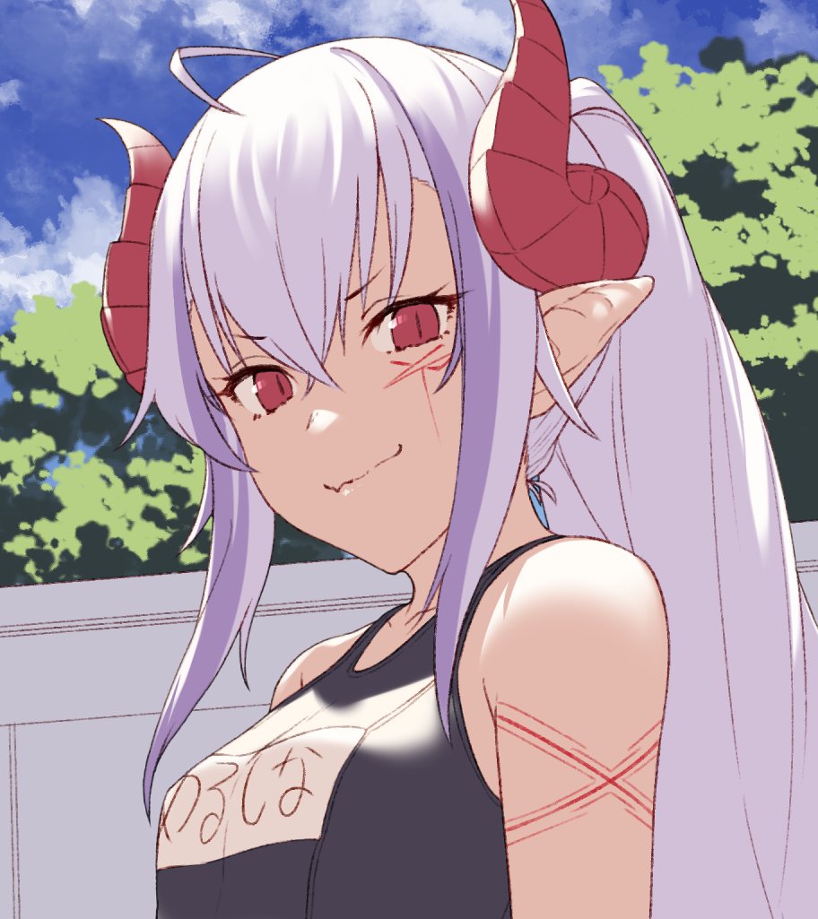 1girl ahoge bangs bare_shoulders black_swimsuit blue_sky closed_mouth crossed_bangs curled_horns day facial_mark fang hair_between_eyes horns ibuki_notsu long_hair looking_at_viewer melusine_(ibuki_notsu) name_tag one-piece_swimsuit original outdoors pointy_ears ponytail purple_hair red_eyes school_swimsuit skin_fang sky slit_pupils smile solo swimsuit wall