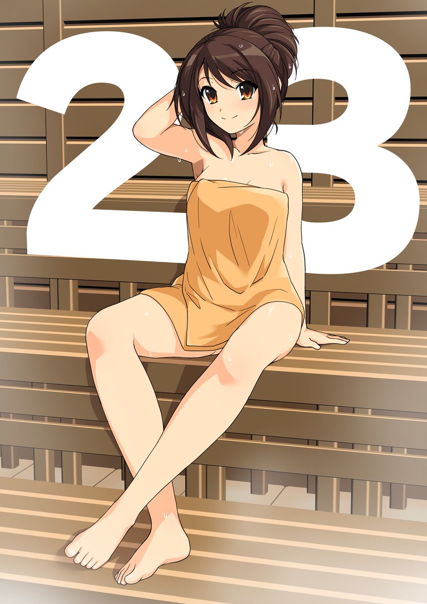 1girl arm_behind_head breasts brown_eyes brown_hair commentary_request haruhisky highres medium_breasts naked_towel ponytail sauna short_ponytail sitting smile solo suzumiya_haruhi suzumiya_haruhi_no_yuuutsu sweat towel yellow_towel