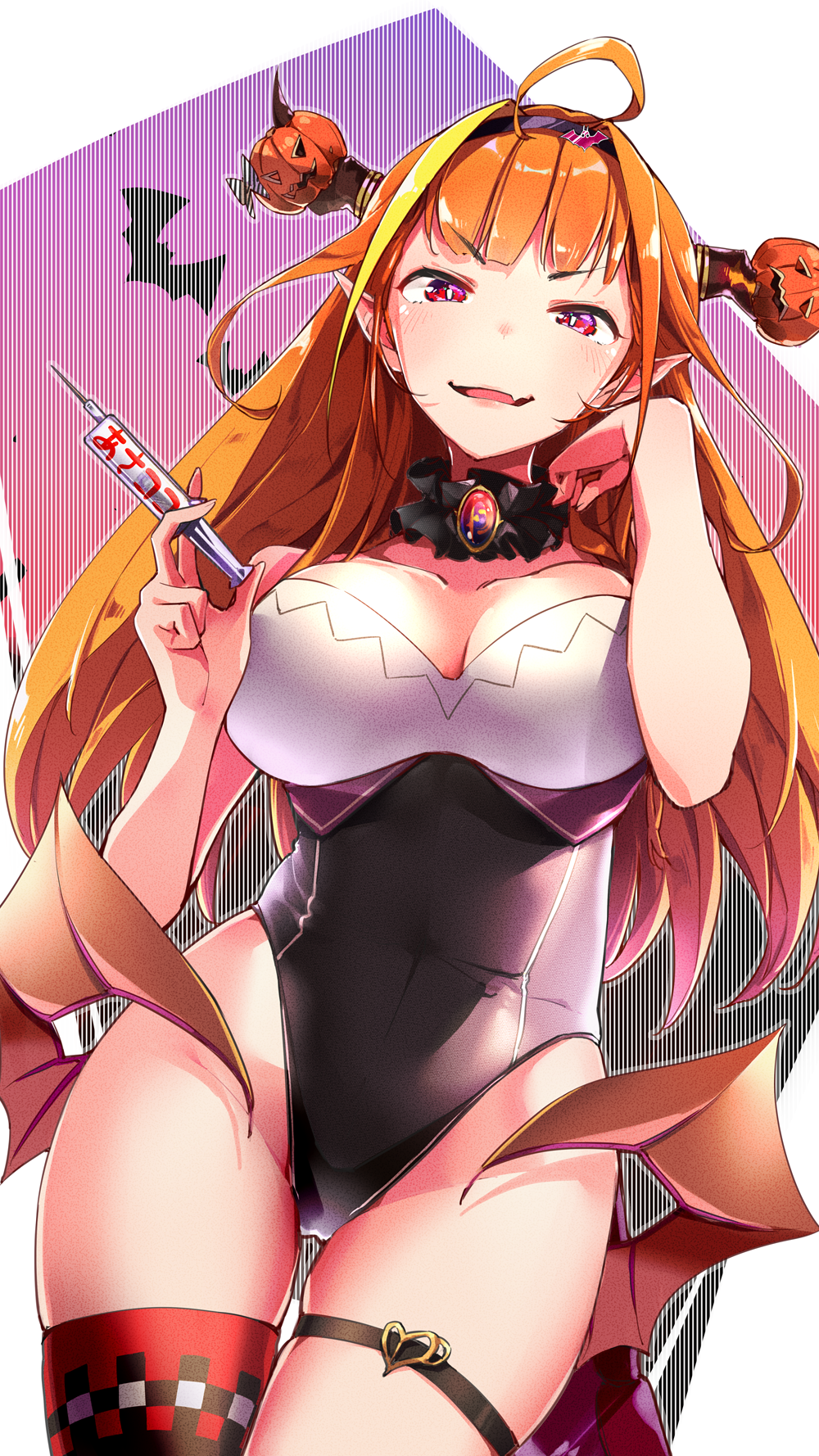 1girl :d ahoge bangs blonde_hair bow breasts dragon_girl dragon_horns dragon_tail eyebrows_visible_through_hair hairband halloween hand_up highres holding holding_syringe hololive horn_bow horns jack-o'-lantern kiryuu_coco large_breasts leotard long_hair looking_at_viewer multicolored_hair open_mouth orange_hair pointy_ears single_thighhigh skindentation smile solo syringe tail thigh-highs thigh_strap thighs violet_eyes virtual_youtuber yuyaiyaui