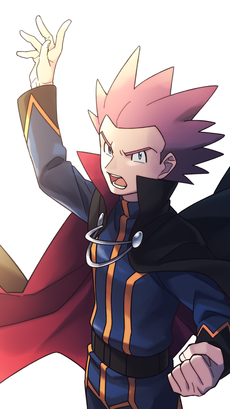 1boy arm_up black_cape cape clenched_hand commentary_request highres lance_(pokemon) lobolobo2010 long_sleeves looking_at_viewer male_focus open_mouth pokemon pokemon_(game) pokemon_hgss redhead solo spiky_hair teeth tongue