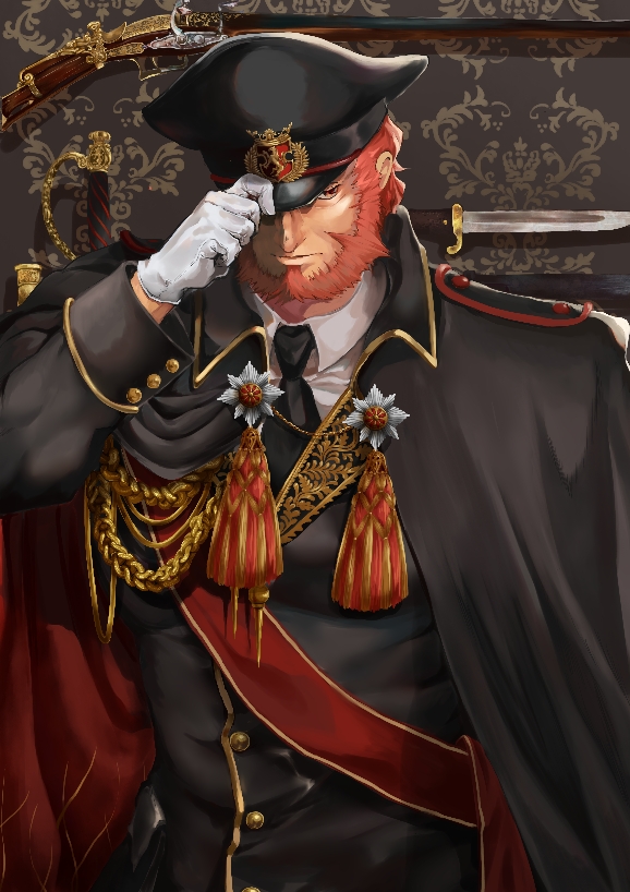 1boy adjusting_clothes adjusting_headwear alternate_costume beard black_jacket black_neckwear chest facial_hair fate/grand_order fate/zero fate_(series) formal gloves gun hat iskandar_(fate) jacket knife leather male_focus medal military military_hat military_uniform one_eye_covered open_clothes open_jacket red_eyes redhead rifle sash uniform upper_body weapon white_gloves yukihituji