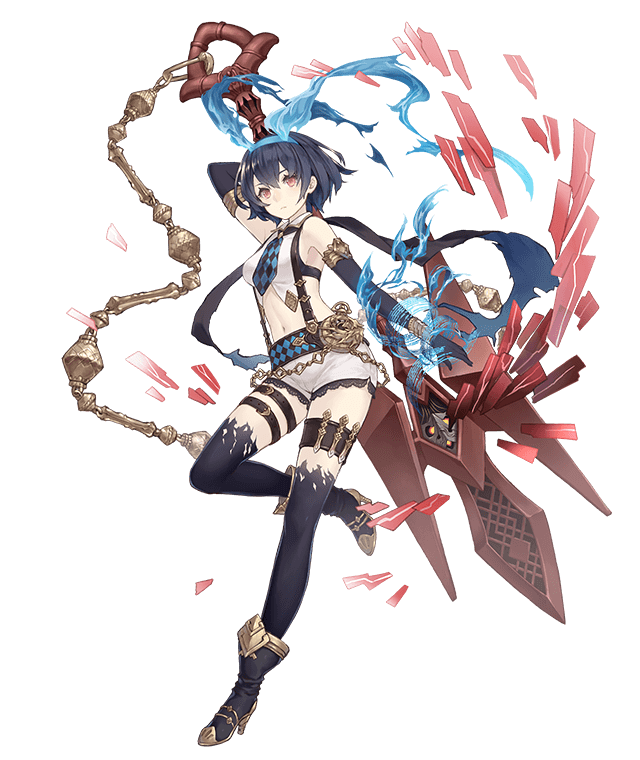 1girl alice_(sinoalice) ankle_boots armlet boots chain dark_blue_hair elbow_gloves full_body gloves hairband high_heel_boots high_heels ji_no looking_at_viewer navel necktie official_art pocket_watch polearm red_eyes short_hair short_shorts shorts sinoalice solo suspenders tattoo thigh_strap transparent_background trident watch weapon