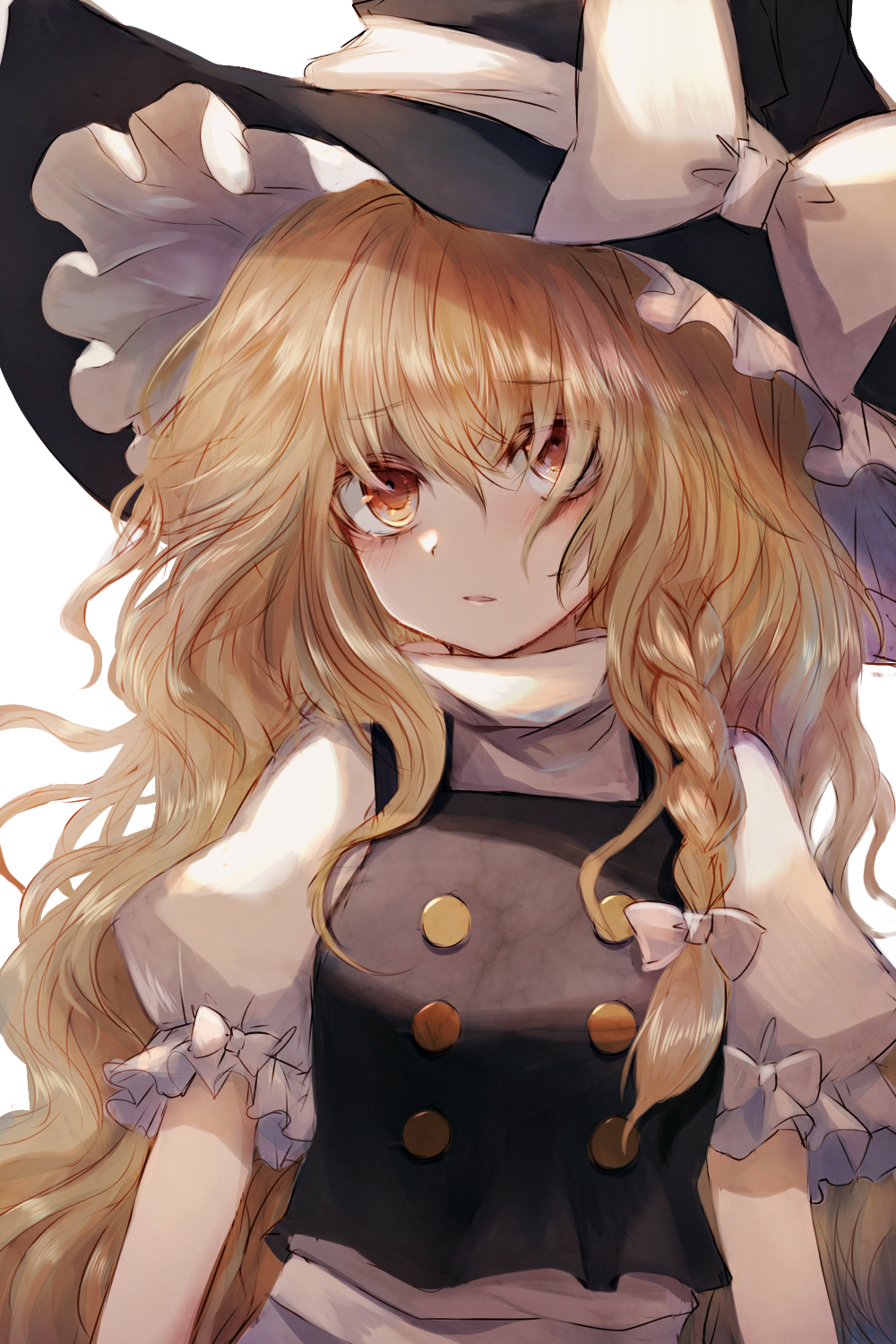 1girl bangs black_headwear black_vest blonde_hair bow braid buttons eyebrows_visible_through_hair frilled_hat frills hair_bow hat hat_bow highres kirisame_marisa long_hair maho_moco parted_lips puffy_short_sleeves puffy_sleeves shirt short_sleeves side_braid simple_background single_braid solo touhou turtleneck upper_body vest white_background white_bow white_shirt yellow_eyes