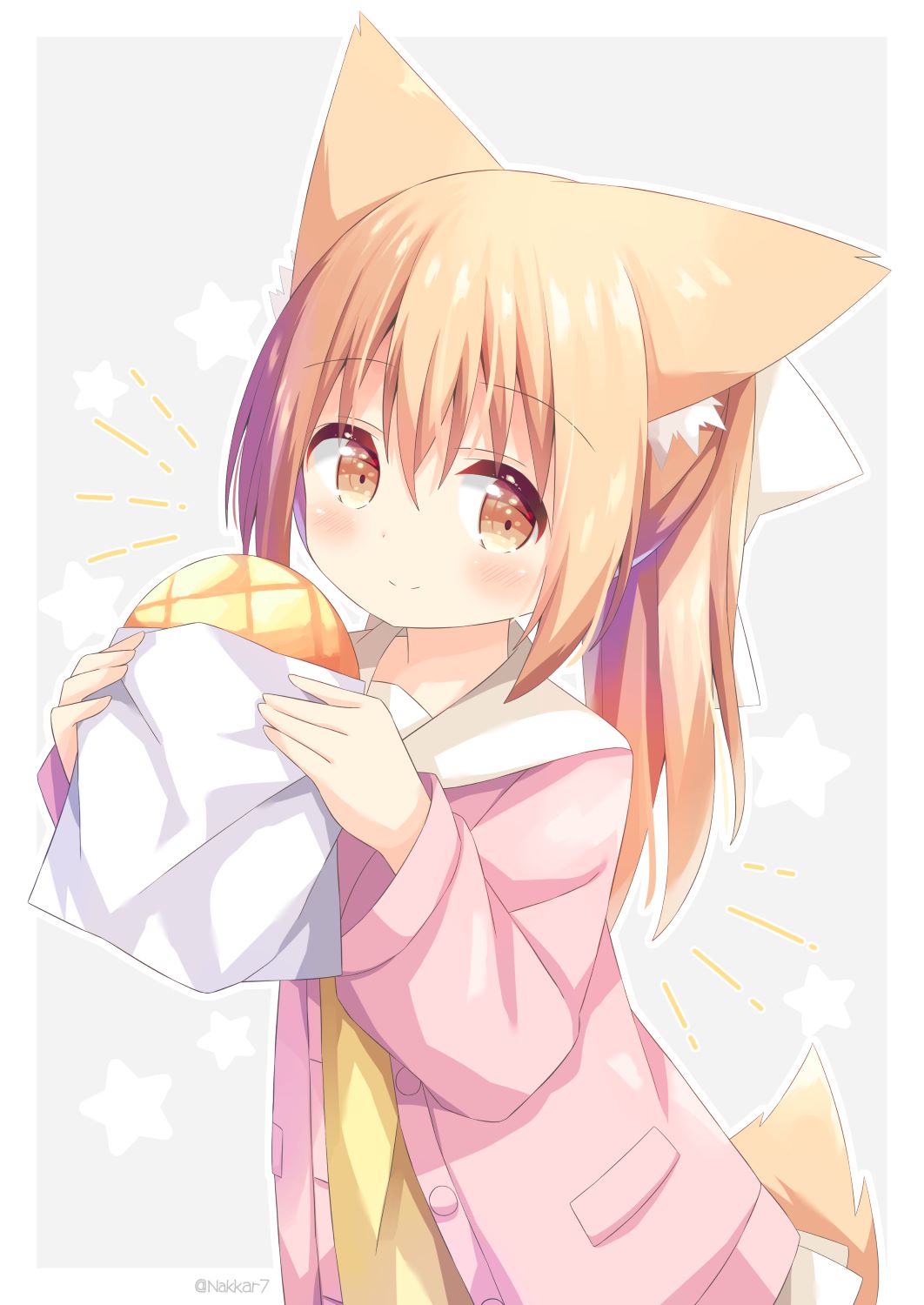 1girl animal_ear_fluff animal_ears arms_up blonde_hair bow bread brown_eyes eyebrows_visible_through_hair eyes_visible_through_hair food hair_between_eyes hair_bow highres holding holding_food jacket long_hair looking_at_viewer melon_bread miike-chan nakkar open_clothes open_jacket original pink_jacket pleated_skirt sailor_collar shirt sidelocks skirt smile solo standing star_(symbol) tail white_bow white_sailor_collar white_skirt yellow_shirt