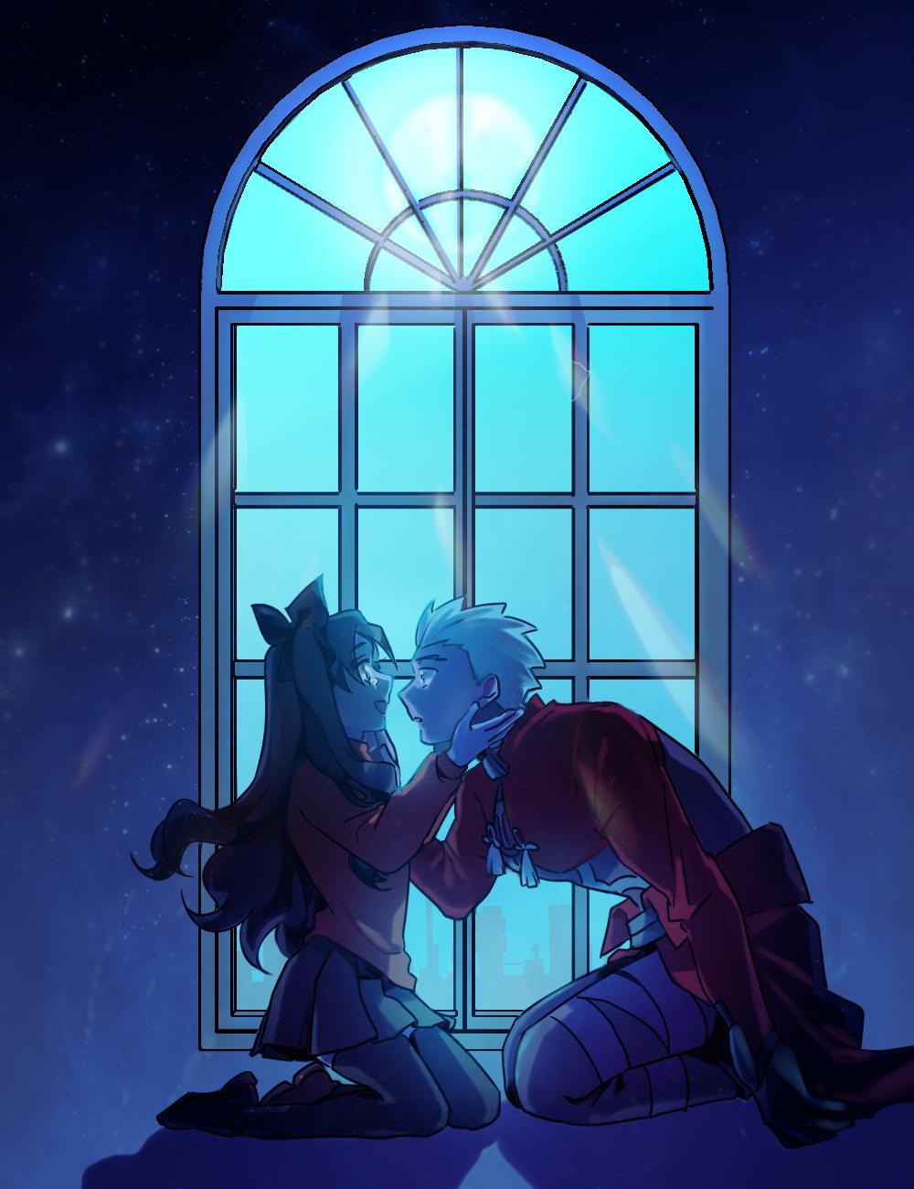 1boy 1girl archer black_hair blue_background commentary_request fate/stay_night fate_(series) highres holding_another's_head kneeling looking_at_another moonlight redmin_0415 short_hair tohsaka_rin white_hair window