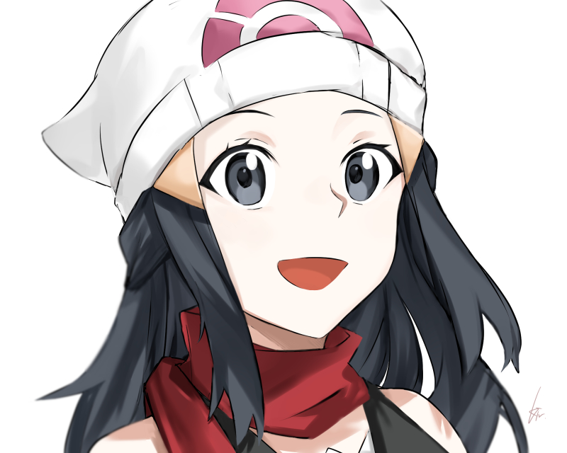 1girl :d black_eyes black_hair hikari_(pokemon) floating_hair haisato_(ddclown14) hat long_hair open_mouth pokemon pokemon_(game) pokemon_dppt portrait print_headwear red_scarf scarf simple_background smile solo white_background white_headwear