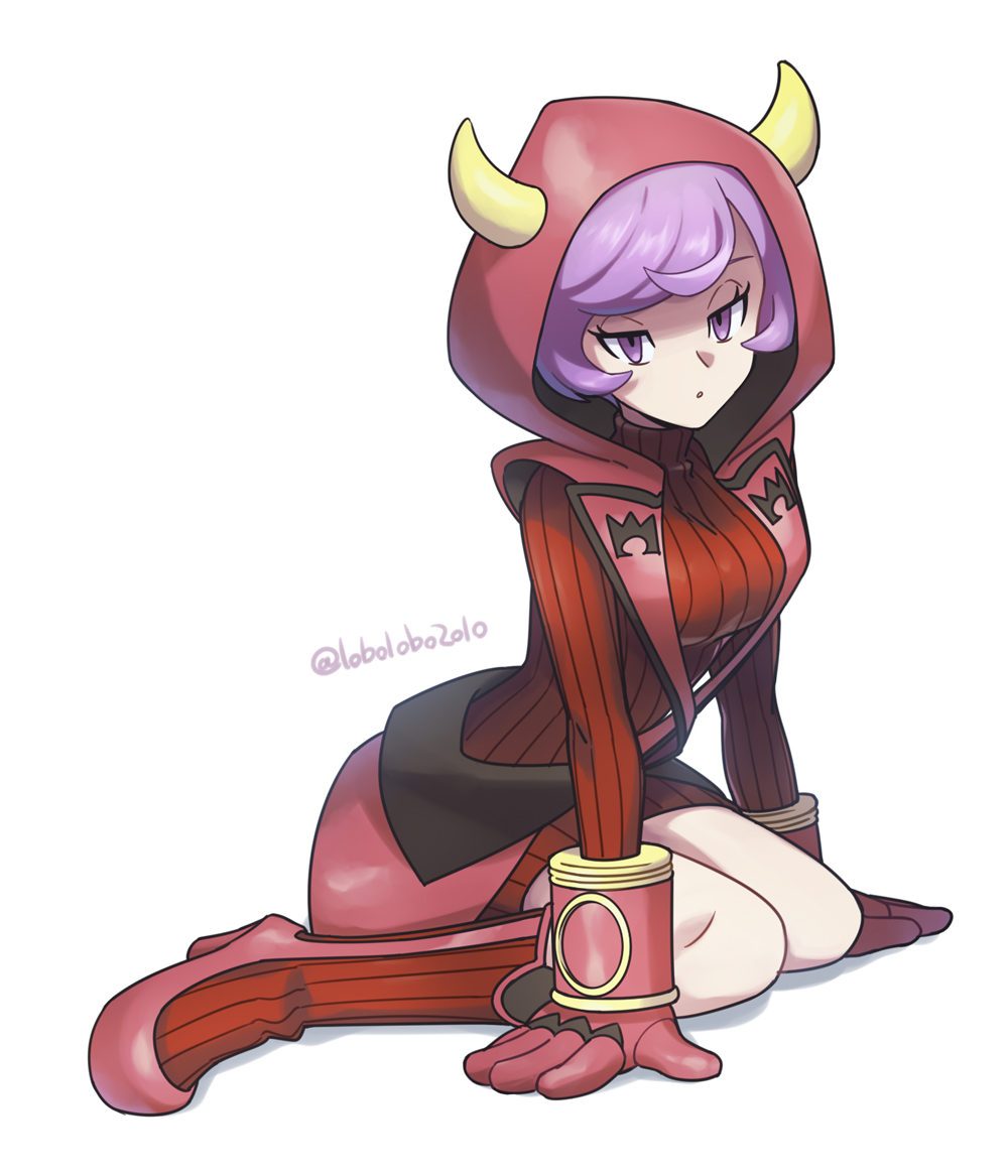 1girl artist_name breasts commentary_request courtney_(pokemon) eyelashes fake_horns full_body gloves half-closed_eyes hood hood_up horns leaning_forward lobolobo2010 pokemon pokemon_(game) pokemon_oras purple_hair ribbed_sweater sitting solo sweater team_magma team_magma_uniform violet_eyes watermark white_background