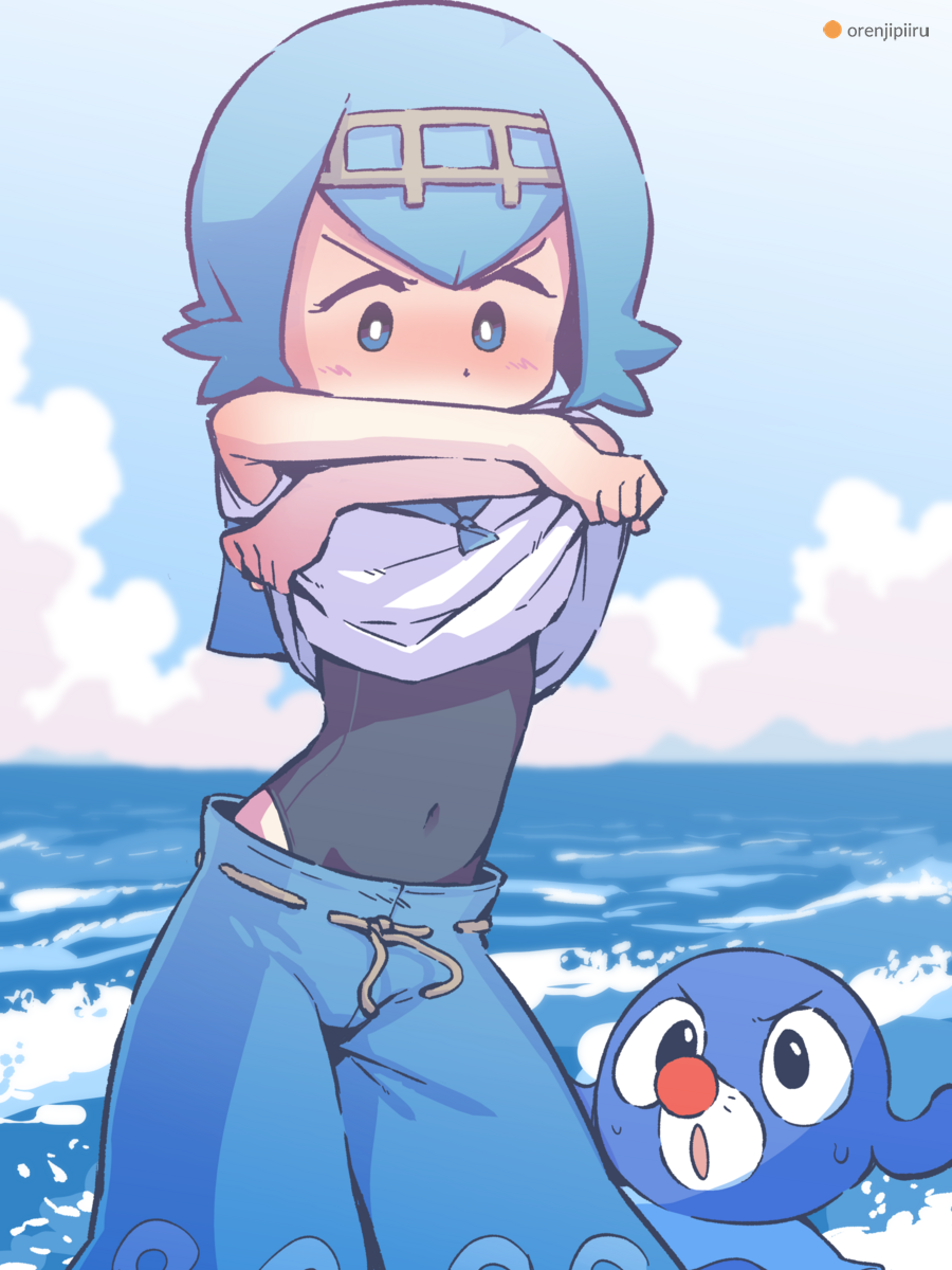 1girl arms_up artist_name bangs black_swimsuit blue_background blue_eyes blue_hair blue_pants blue_sailor_collar blue_sky blue_theme blush brown_hairband clouds commentary_request covered_navel day embarrassed english_commentary flat_chest gen_7_pokemon gradient_sky hairband highres horizon lana_(pokemon) lifted_by_self looking_at_another looking_down looking_up mixed-language_commentary nose_blush ocean one-piece_swimsuit open_mouth orange_peel_(artist) outdoors pants partial_commentary pokemon pokemon_(creature) pokemon_(game) pokemon_sm popplio sailor_collar shirt shirt_lift short_hair sky sleeveless sleeveless_shirt solo_focus standing sweat swimsuit swimsuit_under_clothes undressing v-shaped_eyebrows water watermark waves white_shirt