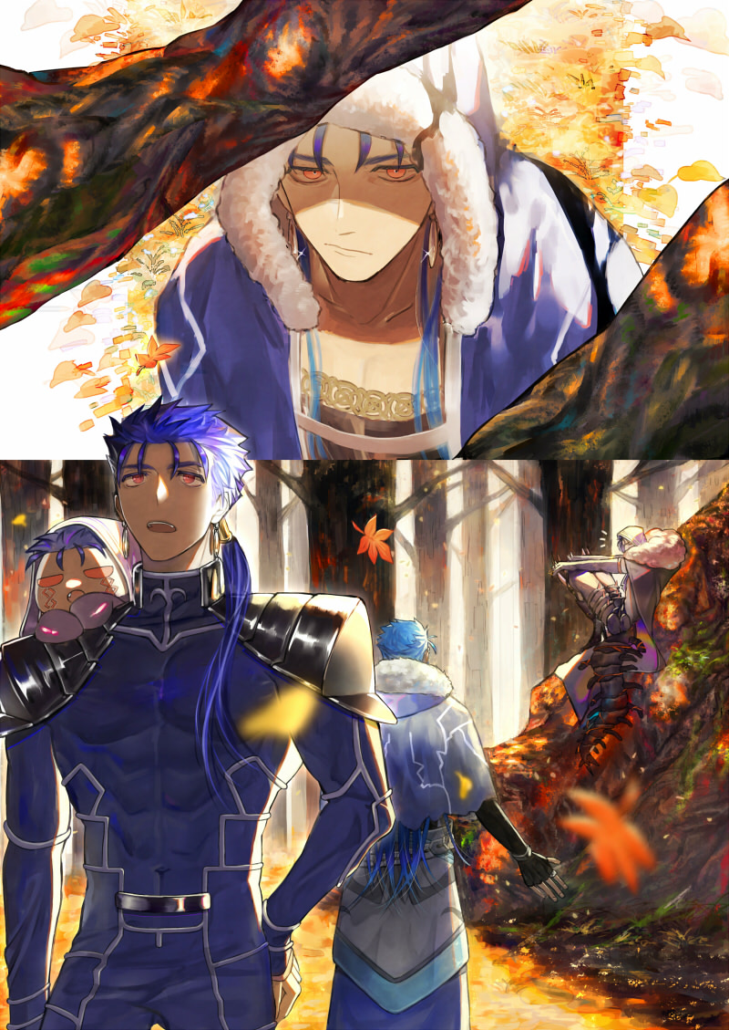 1other 3boys abs armor autumn autumn_leaves back beads belt blue_hair bodysuit bracelet branch cape capelet chibi closed_mouth cu_chulainn_(fate)_(all) cu_chulainn_(fate/grand_order) cu_chulainn_alter_(fate/grand_order) earrings elbow_gloves facepaint fang fate/grand_order fate/stay_night fate_(series) forest from_above from_behind frown full_body fur fur-trimmed_hood fur_trim gloves hair_beads hair_ornament hand_on_hip hood hood_down hood_up hooded_capelet jewelry lancer long_hair looking_up male_focus mini_cu-chan multiple_boys multiple_persona multiple_views muscle nature navel open_mouth outdoors pauldrons ponytail red_eyes shoulder_armor sitting skin_tight sparkle spikes spiky_hair standing tail tree type-moon yuu_(guruko)