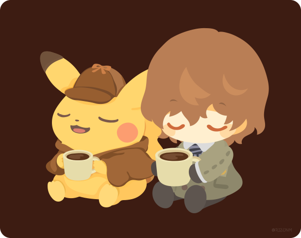 1boy akechi_gorou black_footwear black_gloves brown_background brown_hair brown_headwear brown_jacket closed_eyes clothed_pokemon coffee coffee_mug collared_shirt commentary crossover cup deerstalker detective_pikachu detective_pikachu_(character) eyebrows_visible_through_hair full_body gen_1_pokemon gloves hat hatted_pokemon holding holding_cup jacket mug necktie open_mouth persona persona_5 pikachu pokemon pokemon_(creature) rizu_(rizunm) shirt shoes short_hair side-by-side simple_background sitting trait_connection twitter_username white_shirt
