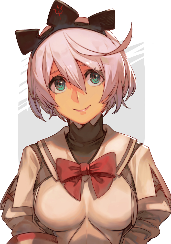 1girl blue_eyes breasts closed_mouth collar dress elphelt_valentine guilty_gear hankuri hankuri looking_at_viewer medium_breasts puffy_sleeves red_ribbon ribbon shirt short_hair simple_background smile solo white_hair