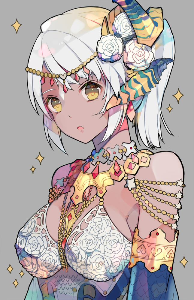 1girl :o armlet bangs bare_shoulders breasts brown_background dark_skin detached_sleeves earrings eyebrows_visible_through_hair floral_print flower gem hair_flower hair_ornament head_chain hiyunagi horns jewelry looking_at_viewer medium_breasts monster_hunter monster_hunter:_world necklace original ponytail shiny shiny_hair short_hair short_ponytail sidelocks silver_hair simple_background solo sparkle swept_bangs upper_body white_flower yellow_eyes