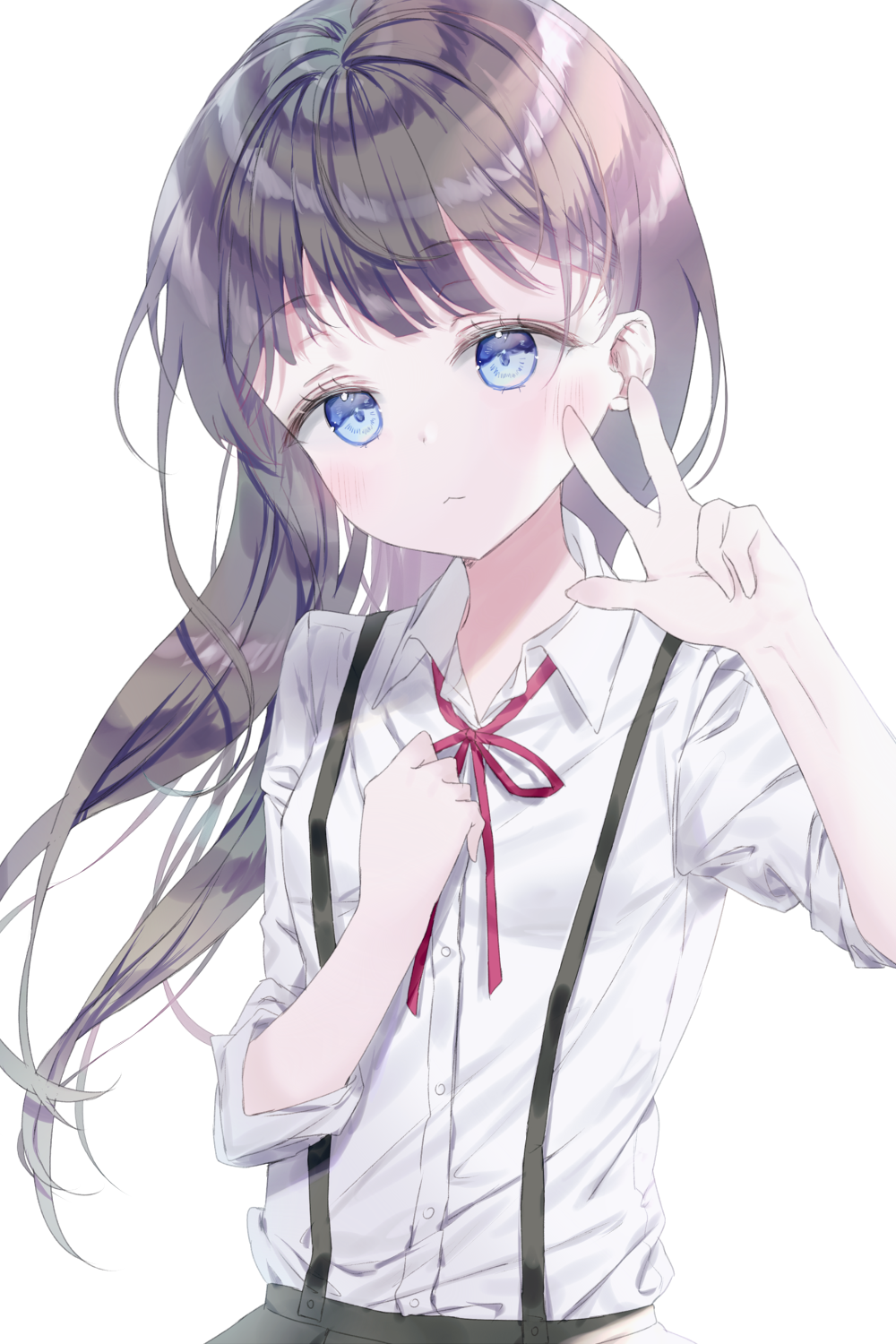 1girl :&lt; bangs black_hair blue_eyes blush breasts closed_mouth collared_shirt commentary commission eyebrows_visible_through_hair hands_up highres long_hair looking_at_viewer neck_ribbon original qlakwnd red_ribbon ribbon shirt short_sleeves simple_background small_breasts solo suspenders upper_body very_long_hair w white_background white_shirt