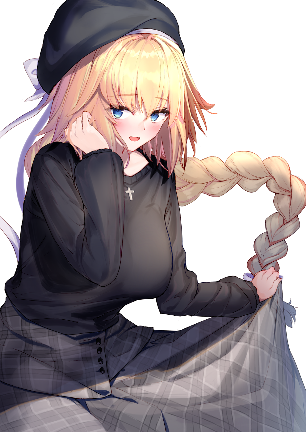 1girl bangs beret black_sweater blonde_hair blue_eyes blush braid breasts contemporary fate/apocrypha fate_(series) grey_skirt hat highres jeanne_d'arc_(fate) jeanne_d'arc_(fate)_(all) jewelry large_breasts long_braid long_hair long_sleeves looking_at_viewer necklace ninoude_(ninoude44) open_mouth simple_background skirt smile sweater very_long_hair white_background