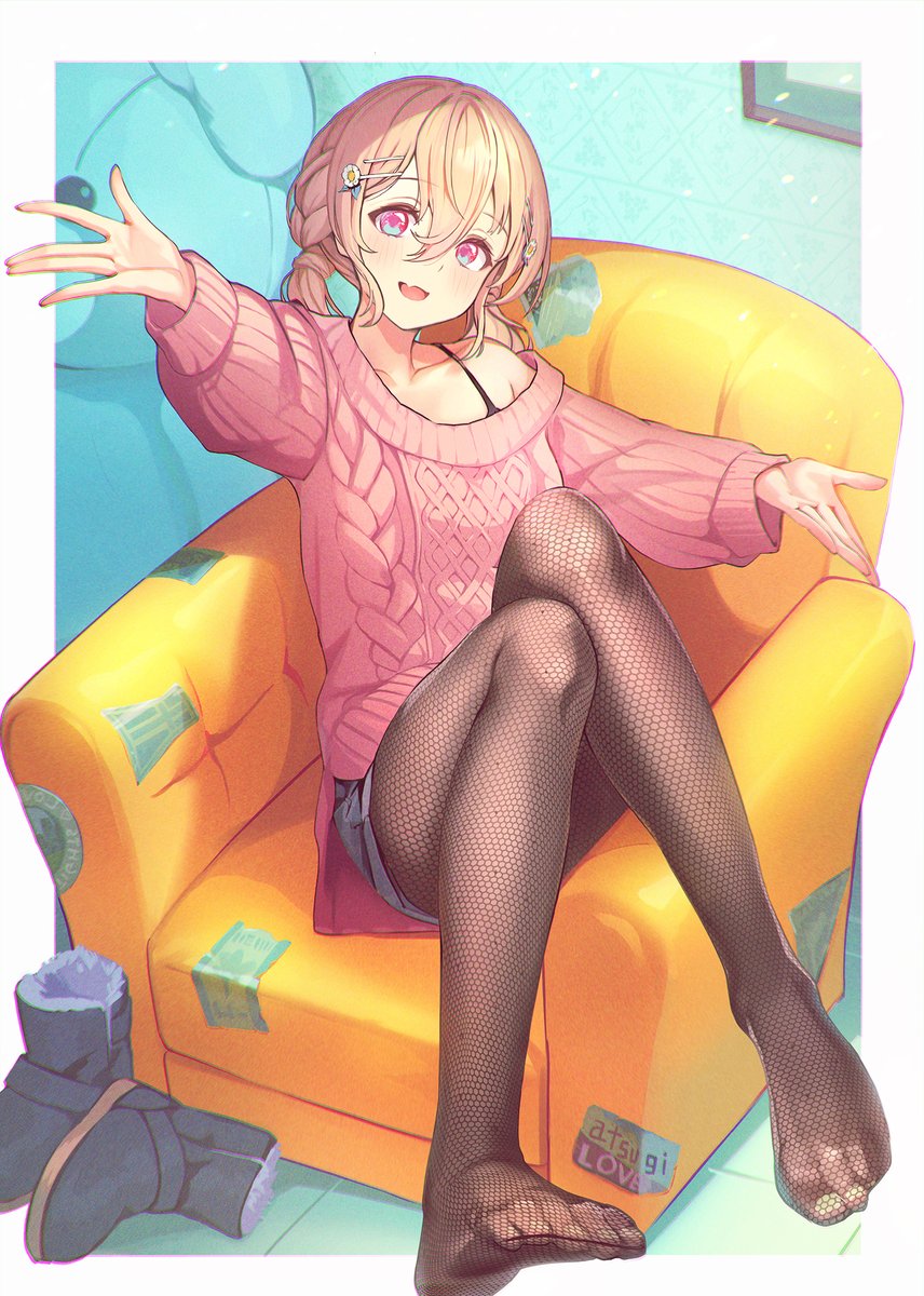 1girl :d bangs blonde_hair boots braid collarbone couch fang fishnets flower hair_between_eyes hair_flower hair_ornament hairclip highres kagawa_ichigo looking_at_viewer medium_hair open_mouth original pantyhose pink_eyes shoes shoes_removed shorts smile solo sweater tights_day toe_cleavage toes twin_braids