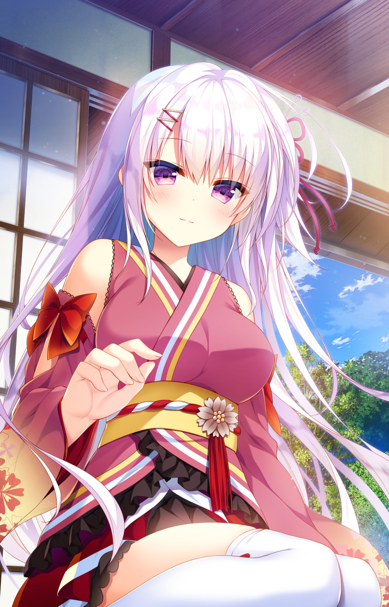 1girl blush bow breasts copyright_request day detached_sleeves hair_ornament hair_ribbon hairclip hand_up highres indoors japanese_clothes kimono large_breasts long_hair looking_at_viewer maitake-chan obi purple_hair ribbon sash seiyuu sitting sleeveless sleeveless_kimono smile solo thigh-highs violet_eyes virtual_youtuber wariza yuzuna_hiyo