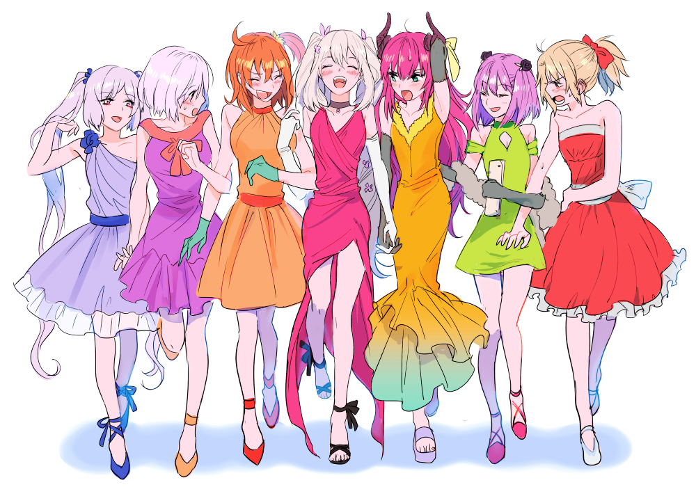 6+girls :d adjusting_hair ahoge alternate_costume bare_shoulders black_footwear black_gloves blue_eyes blush breasts cleavage_cutout closed_eyes clothing_cutout collarbone commentary_request dashi_(minzoku_gb) dress drill_hair elbow_gloves elizabeth_bathory_(fate) elizabeth_bathory_(fate)_(all) euryale fate/grand_order fate_(series) feather_boa frilled_dress frills fujimaru_ritsuka_(female) gloves green_dress green_gloves hair_between_eyes hair_ribbon helena_blavatsky_(fate/grand_order) holding_hands horns large_breasts laughing locked_arms long_dress long_hair looking_at_another marie_antoinette_(fate/grand_order) mash_kyrielight mordred_(fate) mordred_(fate)_(all) multiple_girls open_mouth orange_dress orange_footwear orange_hair pink_dress purple_dress purple_footwear purple_hair red_dress red_footwear ribbon short_dress short_hair short_ponytail shouting side_ponytail silver_hair sleeveless sleeveless_dress small_breasts smile strapless strapless_dress sweatdrop toes twin_drills twintails very_long_hair violet_eyes white_background white_gloves