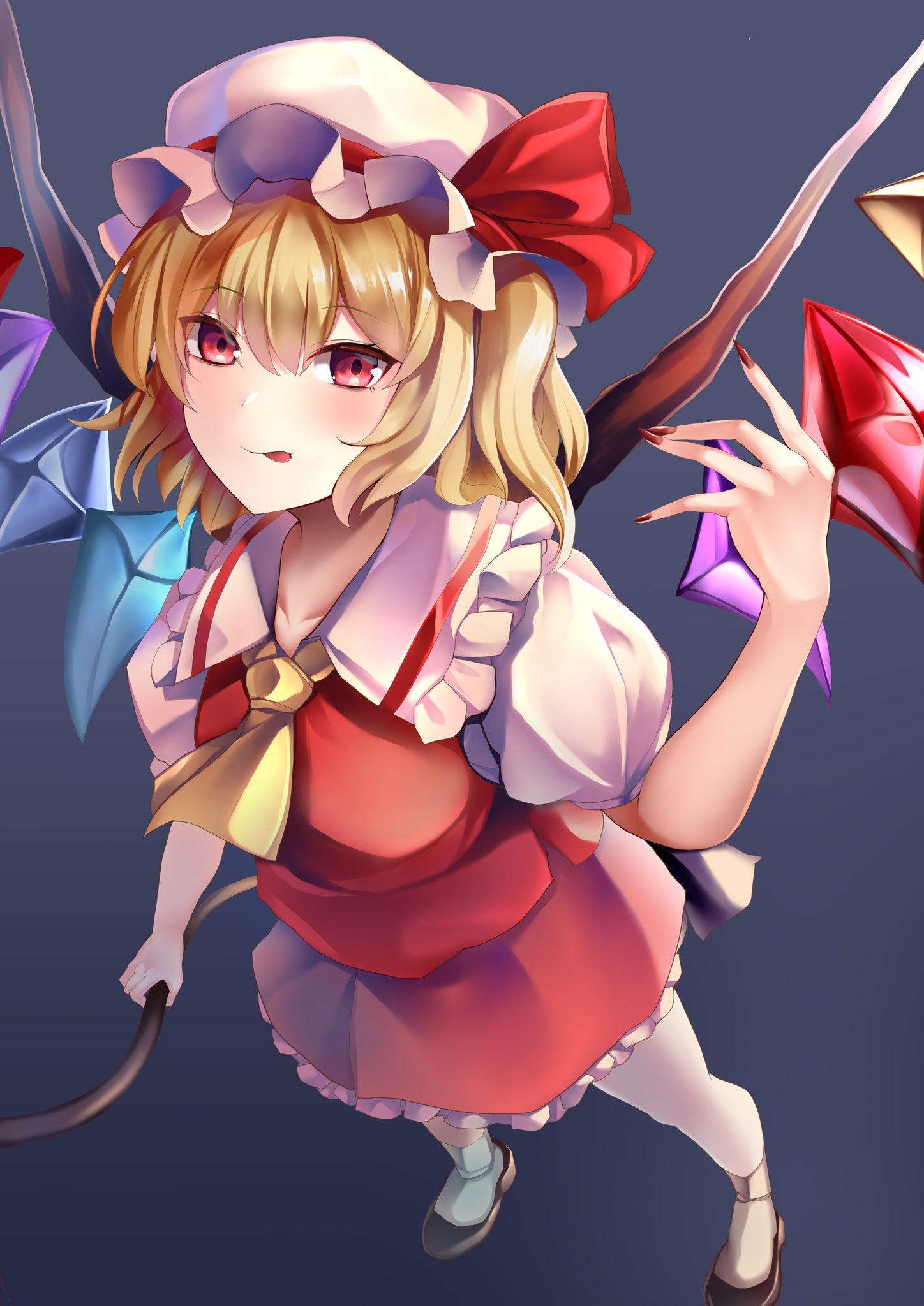 1girl :p ascot asymmetrical_legwear bangs black_footwear blonde_hair blush bow breasts collarbone commentary_request crystal eyebrows_visible_through_hair fingernails flandre_scarlet from_above gradient gradient_background grey_background hair_between_eyes hat hat_bow highres holding holding_weapon koizumo laevatein looking_at_viewer medium_breasts mob_cap one_side_up puffy_short_sleeves puffy_sleeves red_bow red_eyes red_nails red_skirt red_vest sharp_fingernails short_hair short_sleeves single_thighhigh skirt solo standing thigh-highs tongue tongue_out touhou vest weapon white_headwear white_legwear wings yellow_neckwear