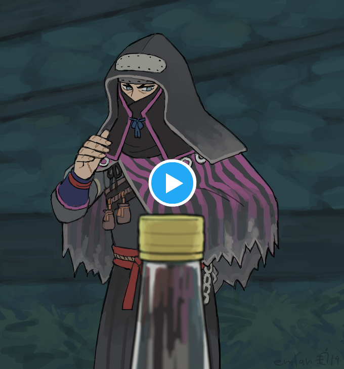 blue_eyes blurry blurry_foreground bottle bottle_cap_challenge bracer capelet covered_mouth dated depth_of_field emlan fighting_stance fingernails frown hand_up japanese_clothes lone_shadow_ninja parody play_button pouch sekiro:_shadows_die_twice signature standing twitter veil