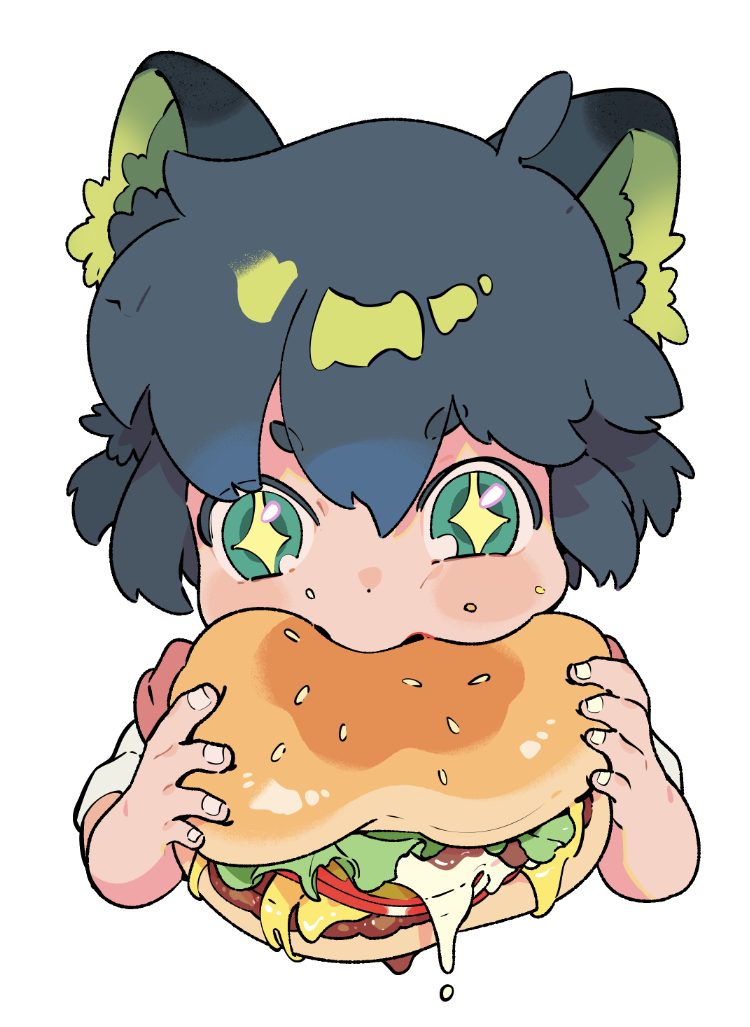 +_+ 1boy animal_ears black_hair cat_ears cheese dripping eating eyebrows_visible_through_hair food green_eyes hamburger holding holding_food lettuce luoxiaohei maruco short_hair short_sleeves simple_background solo the_legend_of_luo_xiaohei tomato white_background