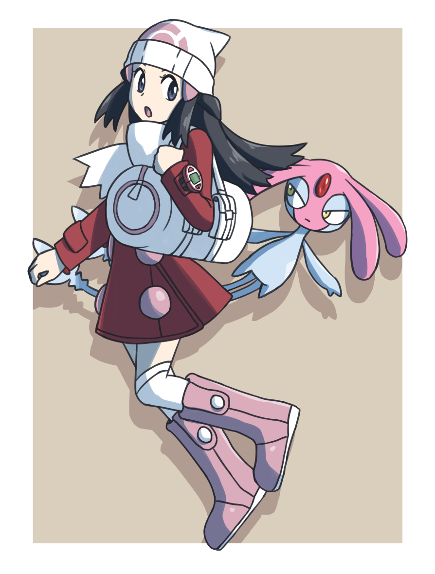 1girl bag black_hair blue_eyes boots border hikari_(pokemon) dress full_body gen_4_pokemon hat legendary_pokemon long_hair mesprit mutou610 open_mouth outside_border pink_footwear pokemon pokemon_(creature) pokemon_(game) pokemon_dppt print_headwear scarf school_bag shiny shiny_hair short_dress solo thigh-highs white_border white_dress white_headwear white_legwear white_scarf zettai_ryouiki