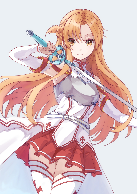 1girl armor asuna_(sao) braid breastplate bridal_gauntlets brown_eyes brown_hair crown_braid grey_background half_updo long_hair looking_at_viewer mitsuyo_(mituyo324) pleated_skirt rapier red_skirt simple_background skirt solo sword sword_art_online thigh-highs weapon white_legwear