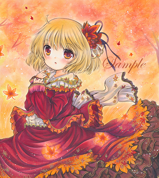 1girl :o ahoge aki_shizuha autumn autumn_leaves back_bow black_ribbon blonde_hair blush bow buttons cowboy_shot eyebrows_visible_through_hair frilled_bow frilled_shirt frilled_shirt_collar frilled_skirt frilled_vest frills hair_ornament hair_ribbon leaf_hair_ornament leaf_print long_sleeves looking_at_viewer marker_(medium) open_mouth orange_background orange_eyes orange_theme outdoors print_bow print_skirt red_skirt red_vest ribbon rui_(sugar3) sample shirt short_hair skirt skirt_set solo touhou traditional_media tree vest white_bow white_shirt