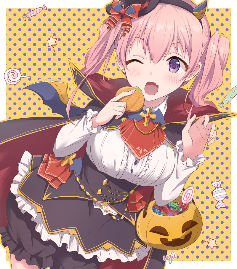 1girl ;d artist_name black_cape black_headwear bloomers breasts candy cape commentary_request food halloween hat hokeki_yougu jack-o'-lantern large_breasts long_sleeves mini_hat one_eye_closed open_mouth pink_hair polka_dot polka_dot_background princess_connect! princess_connect!_re:dive short_hair smile solo tsumugi_(princess_connect!) twintails underwear violet_eyes yellow_background