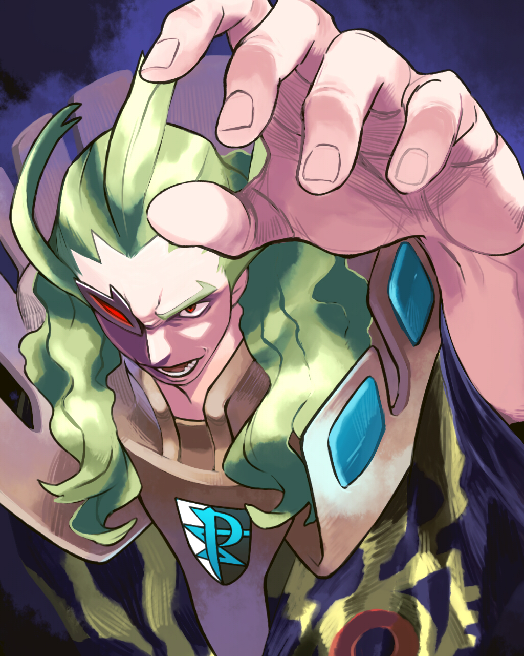 1boy arm_up commentary_request donnpati eyepiece fingernails from_above ghetsis_harmonia green_hair highres long_hair male_focus open_mouth pokemon pokemon_(game) pokemon_bw red-tinted_eyewear red_eyes solo team_plasma teeth tongue