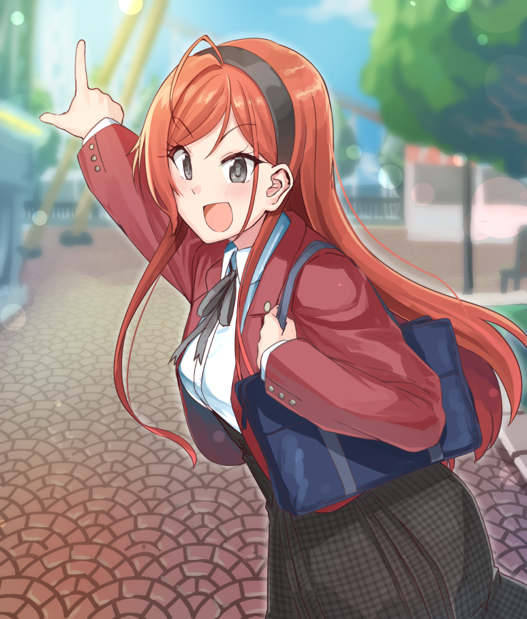 1girl ahoge arisugawa_natsuha bag black_eyes blush brown_hair byougaku hairband idolmaster idolmaster_shiny_colors index_finger_raised long_hair long_sleeves neck_ribbon open_mouth outdoors ribbon school_uniform shoulder_bag skirt smile solo