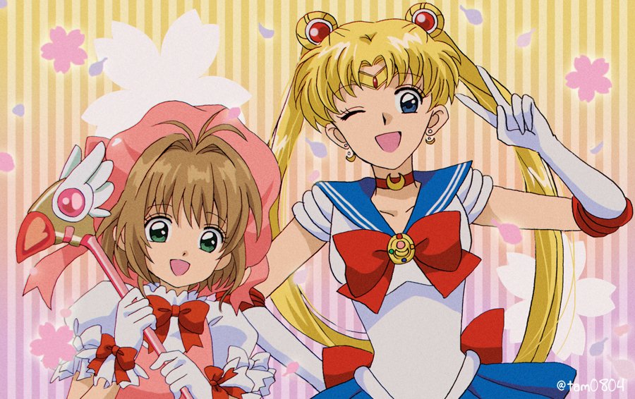 2girls ;d back_bow beret bishoujo_senshi_sailor_moon blonde_hair blue_eyes blue_sailor_collar blue_skirt bow bowtie brown_hair cardcaptor_sakura cherry_blossoms choker commentary_request crescent crescent_earrings crossover double_bun dress earrings elbow_gloves eyebrows_visible_through_hair fuuin_no_tsue gloves green_eyes hair_ornament hand_on_hip hat holding jewelry kinomoto_sakura leotard long_hair looking_at_viewer magical_girl miniskirt multiple_girls one_eye_closed open_mouth pink_dress pink_headwear pleated_skirt puffy_short_sleeves puffy_sleeves red_bow red_choker red_neckwear sailor_collar sailor_moon sailor_senshi_uniform shirt short_hair short_sleeves skirt smile standing striped striped_background tam_(tam0804) texture tiara tsukino_usagi twintails twitter_username v vertical_stripes white_gloves white_leotard white_shirt