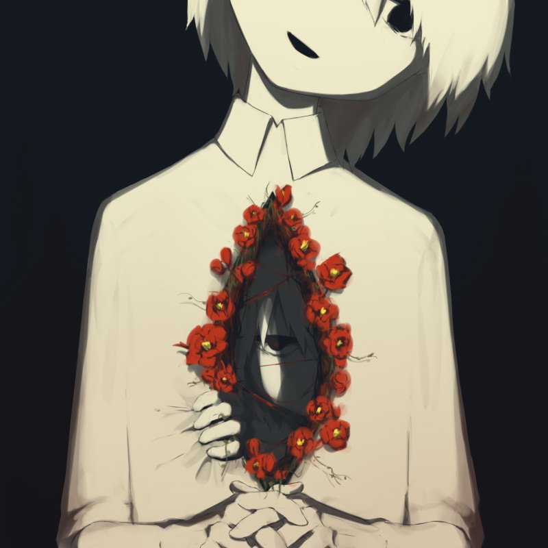 2boys :d avogado6 black_border black_eyes border empty_eyes flower head_tilt horror_(theme) interlocked_fingers jitome multiple_boys open_mouth original own_hands_together red_flower smile white_hair white_skin