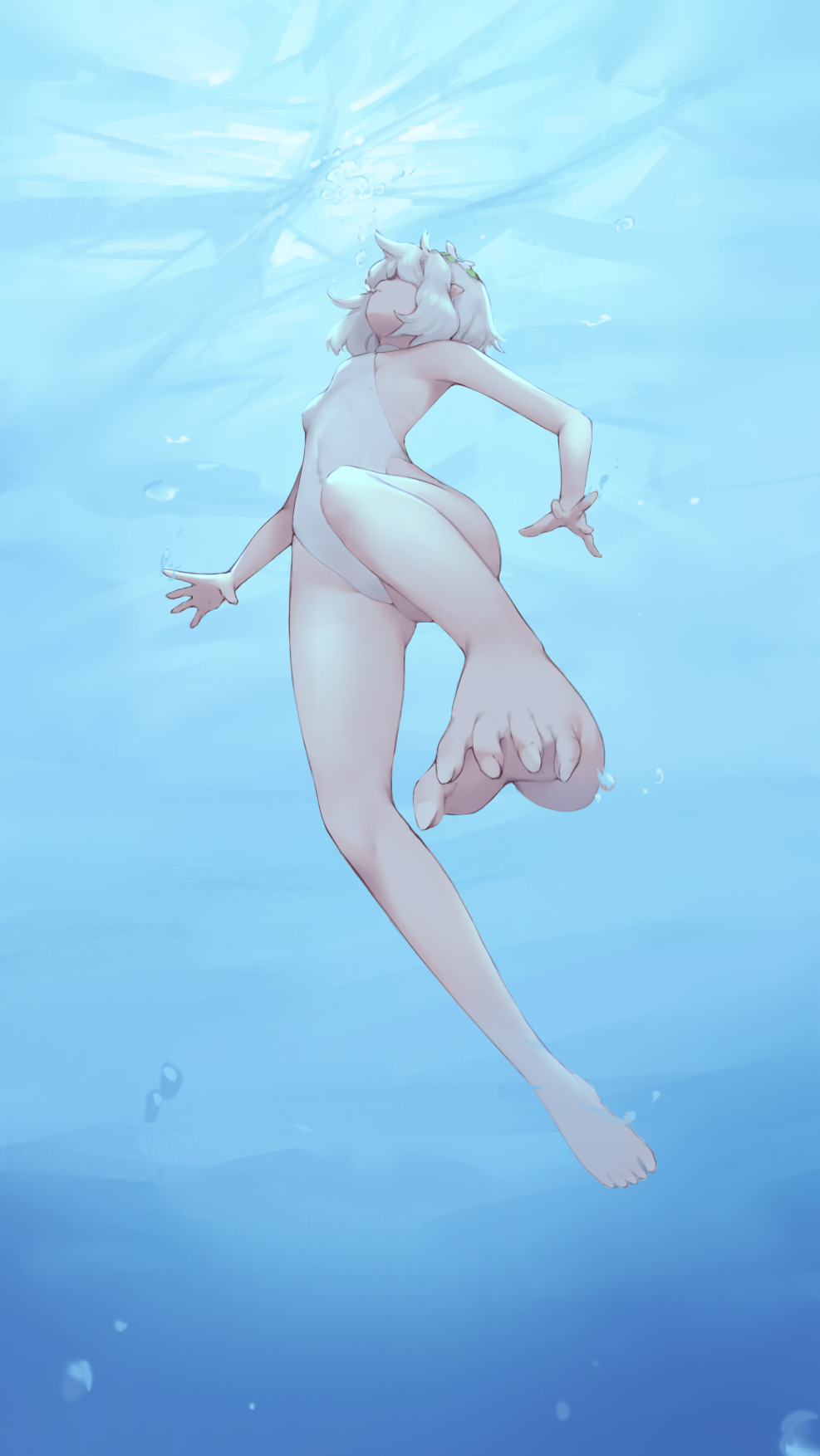 air_bubble barefoot breath bubble feet flower freediving from_below hair_flower hair_ornament hairpin highleg highres ice kokkoro_(princess_connect!) one-piece_swimsuit pointy_ears princess_connect! princess_connect!_re:dive rou_(rou22) swimming swimsuit toes trapped underwater white_hair white_swimsuit