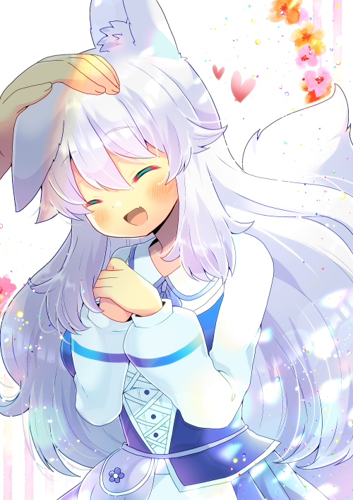 1girl :d ^_^ animal_ears bangs blue_skirt blush closed_eyes eyebrows_visible_through_hair fang floral_background hair_between_eyes hands_together hands_up heart indie_virtual_youtuber kouu_hiyoyo long_hair long_sleeves lumi_(merryweather) open_mouth out_of_frame own_hands_together pleated_skirt puffy_long_sleeves puffy_sleeves shirt silver_hair skirt smile solo_focus tail tail_raised very_long_hair virtual_youtuber white_background white_shirt wolf_ears wolf_girl wolf_tail