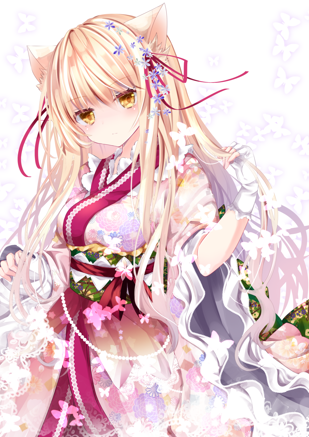 1girl animal animal_ear_fluff animal_ears bangs blonde_hair blush breasts bug butterfly cat_ears closed_mouth commentary_request eyebrows_visible_through_hair fingerless_gloves floral_print gloves hair_between_eyes head_tilt highres insect japanese_clothes kimono long_hair long_sleeves looking_at_viewer medium_breasts nanase_kureha nanase_nao obi original pinching_sleeves print_kimono sash sleeves_past_wrists solo very_long_hair white_background white_gloves white_kimono wide_sleeves yellow_eyes