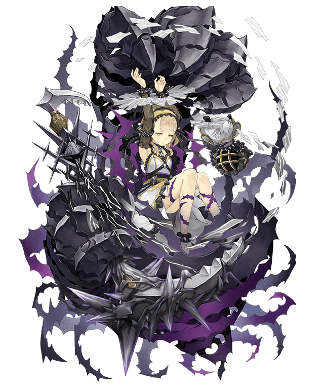 1girl arms_up blonde_hair bracelet briar_rose_(sinoalice) dress eyebrows_visible_through_hair flat_chest frilled_dress frilled_hairband frills full_body hairband half-closed_eyes jewelry ji_no looking_at_viewer official_art scythe sinoalice solo spiked_anklet spiked_armlet spiked_bracelet spikes tattoo thorns transparent_background yellow_eyes