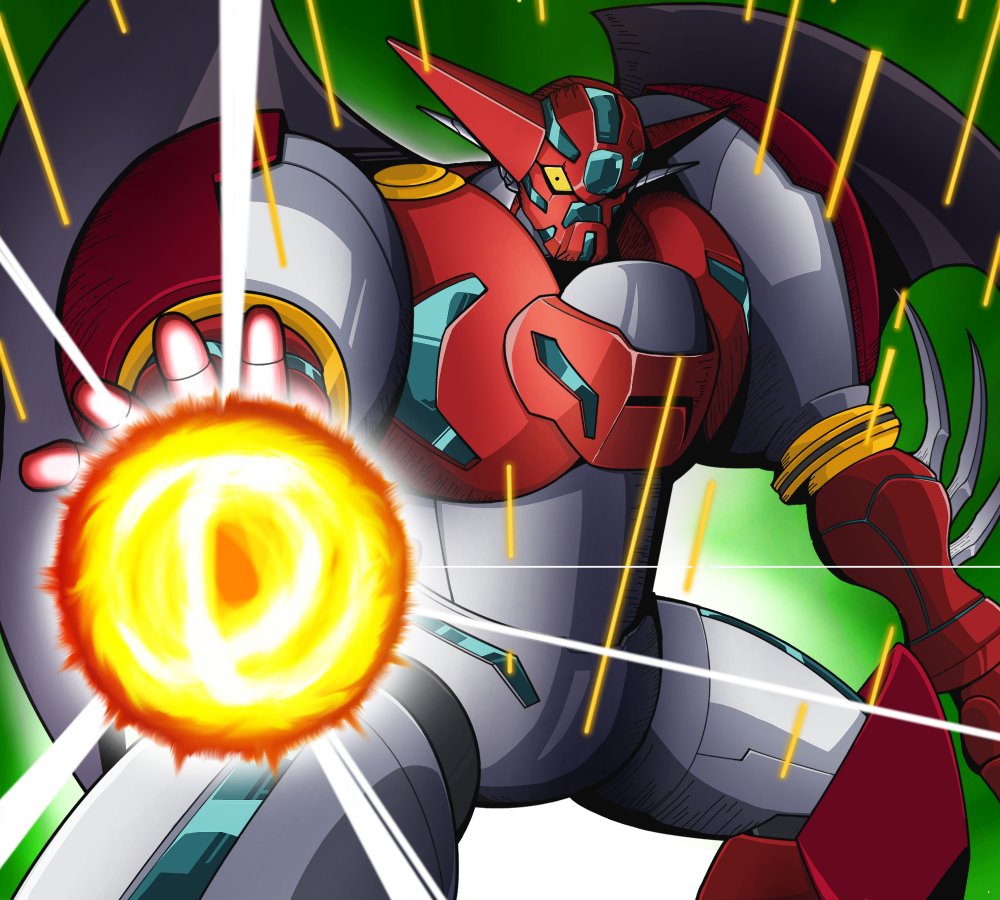 drill energy_ball gamiani_zero getter_robo looking_at_viewer mecha one_eye_covered open_hand shin_getter-1 shin_getter_robo solo super_robot wings yellow_eyes