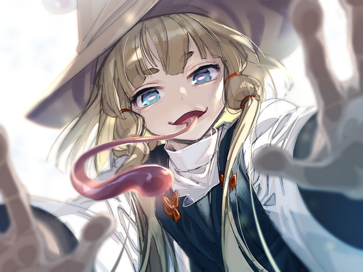 1girl against_fourth_wall against_glass bangs blonde_hair blue_eyes blue_vest bright_pupils commentary_request floating_hair fourth_wall gensoukyou hair_ribbon hat horizontal_pupils long_hair long_sleeves long_tongue looking_at_viewer moriya_suwako open_mouth red_ribbon ribbon shirt short_eyebrows simple_background smile solo thick_eyebrows tongue tongue_out touhou tress_ribbon turtleneck upper_body very_long_tongue vest white_background white_pupils white_shirt wide_sleeves zounose