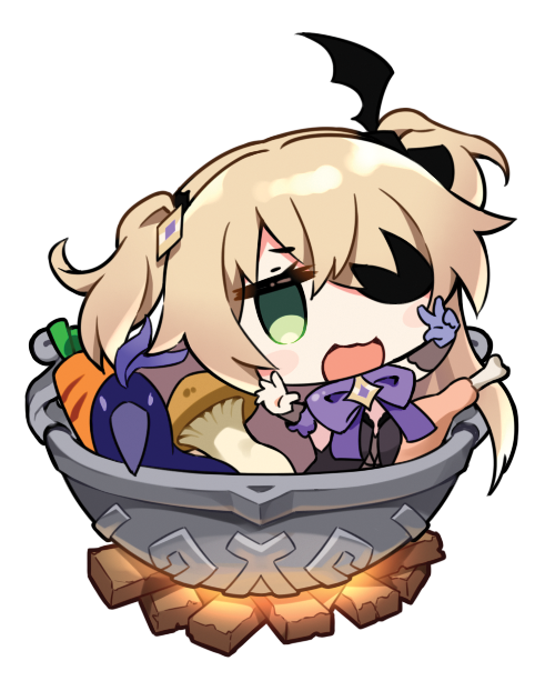 1girl :d bangs black_dress blonde_hair brown_sleeves carrot chibi chicken_leg commentary_request detached_sleeves dress eyebrows_visible_through_hair eyepatch fire fischl_(genshin_impact) genshin_impact gloves green_eyes hair_ornament hair_over_one_eye hands_up in_container in_pot korean_commentary kutata long_hair long_sleeves looking_at_viewer mushroom open_mouth pot purple_gloves simple_background single_glove smile solo two_side_up w white_background