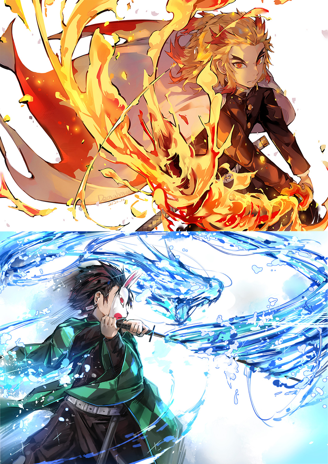 2boys black_hair black_jacket black_pants blonde_hair cape checkered commentary_request daima_hmw earrings flaming_sword flaming_weapon forehead fox_mask hands_up highres holding holding_sword holding_weapon hydrokinesis jacket jewelry kamado_tanjirou kimetsu_no_yaiba long_sleeves male_focus mask multicolored_hair multiple_boys open_clothes pants red_eyes redhead rengoku_kyoujurou streaked_hair sword thick_eyebrows two-handed water weapon white_cape wide_sleeves