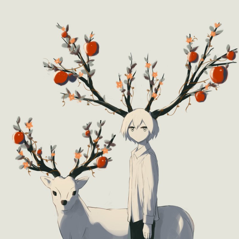 1boy antlers apple avogado6 black_pants closed_mouth collared_shirt deer food fruit grey_background jitome long_sleeves looking_at_viewer original pants red_apple shirt short_hair simple_background solo standing white_hair white_shirt wing_collar yellow_eyes