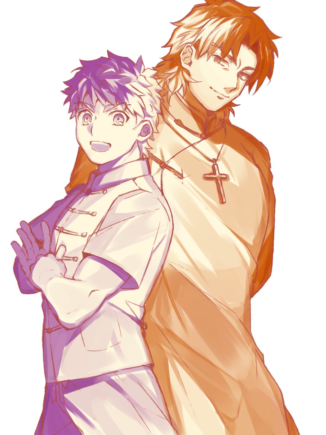 2boys chinese_clothes creat cross cross_necklace emiya_shirou fate/stay_night fate_(series) fist_in_hand highres jewelry kotomine_kirei looking_at_viewer male_focus monochrome multiple_boys necklace short_hair simple_background smile spot_color upper_body white_background