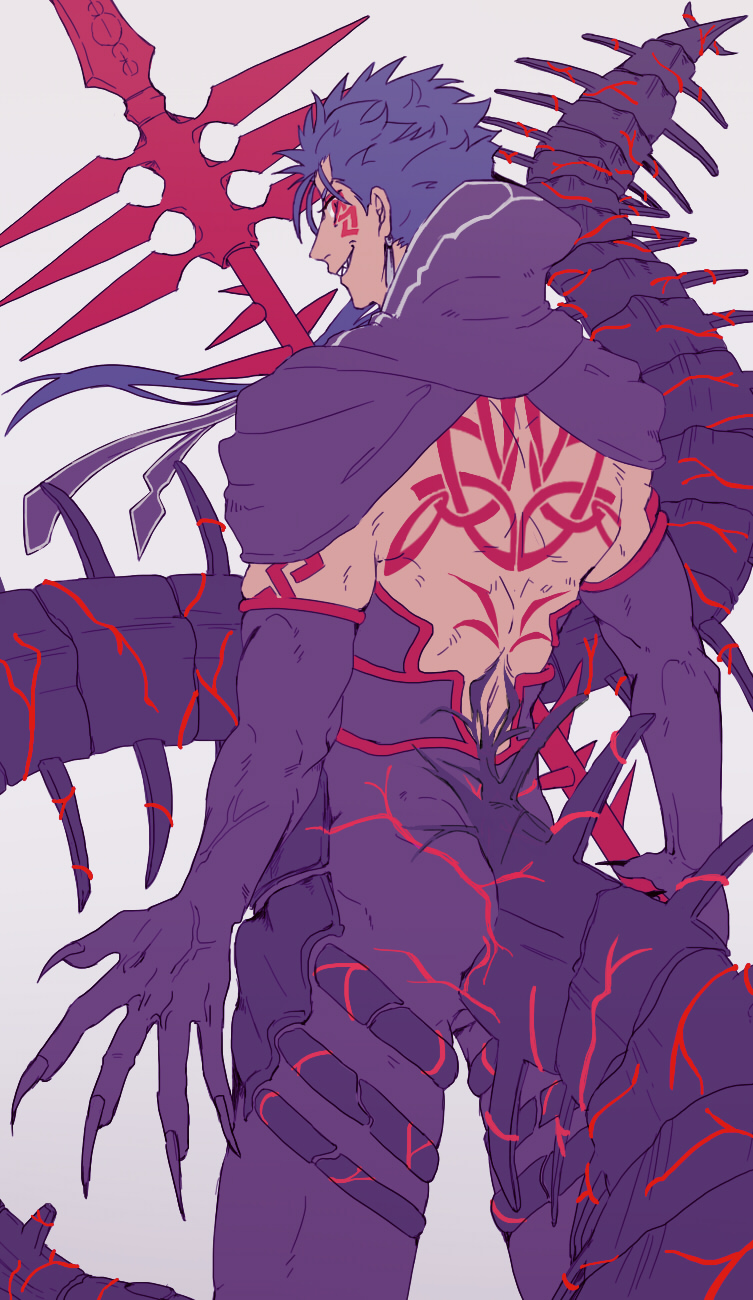 1boy back blue_hair bodypaint claws cowboy_shot cu_chulainn_(fate)_(all) cu_chulainn_alter_(fate/grand_order) dark_blue_hair dark_persona earrings elbow_gloves facepaint fate/grand_order fate_(series) from_behind gae_bolg gloves grin highres holding holding_weapon hood hood_down jewelry looking_at_viewer looking_back male_focus monster_boy muscle pants polearm ponytail red_eyes sharp_teeth shirtless simple_background skin_tight smile solo spear spikes spiky_hair tail teeth type-moon veins weapon white_background yuu_(guruko)