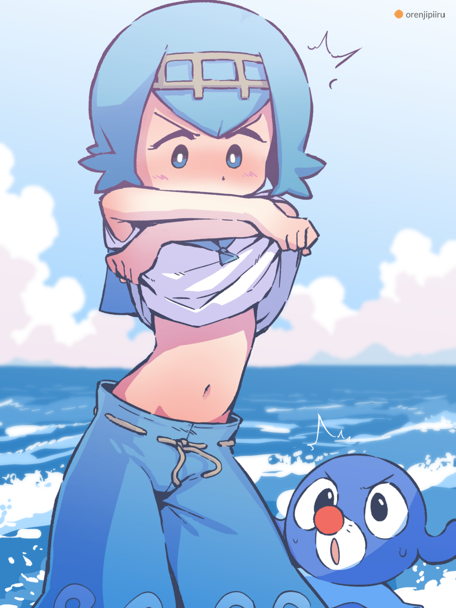 /\/\/\ 1girl arms_up artist_name bangs blue_background blue_eyes blue_hair blue_pants blue_sailor_collar blue_sky blue_theme blush brown_hairband clouds commentary_request day embarrassed english_commentary flat_chest gen_7_pokemon gradient_sky groin hairband highres horizon lana_(pokemon) lifted_by_self looking_at_another looking_down looking_up mixed-language_commentary navel nose_blush ocean open_mouth orange_peel_(artist) outdoors pants partial_commentary pokemon pokemon_(creature) pokemon_(game) pokemon_sm popplio sailor_collar shirt shirt_lift short_hair sky sleeveless sleeveless_shirt solo_focus standing stomach sweat undressing v-shaped_eyebrows water watermark waves white_shirt