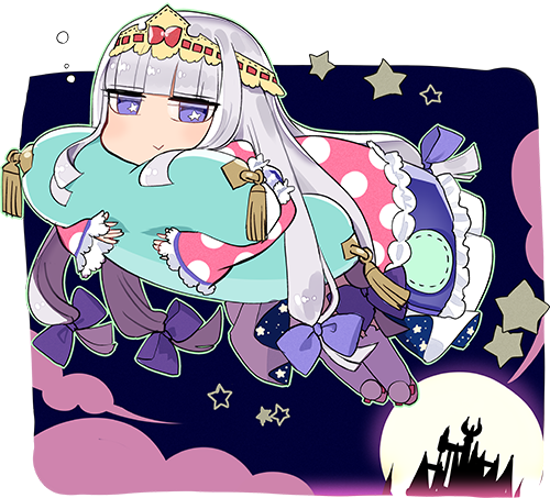 1girl :&gt; aqua_pillow aurora_sya_lis_kaymin bangs blunt_bangs blunt_ends bow building castle chibi closed_mouth clouds dotaku dutch_angle flying frills full_body full_moon green_outline hair_ribbon headpiece jitome long_hair long_sleeves looking_at_viewer lowres maou-jou_de_oyasumi moon night no_mouth official_art outdoors outline outside_border patch pillow pillow_hug polka_dot purple_bow purple_legwear red_bow ribbon ribbon_trim rounded_corners silhouette silver_hair smile solo star_(symbol) star_in_eye starry_sky_print symbol_in_eye tassel transparent_background tress_ribbon very_long_hair violet_eyes