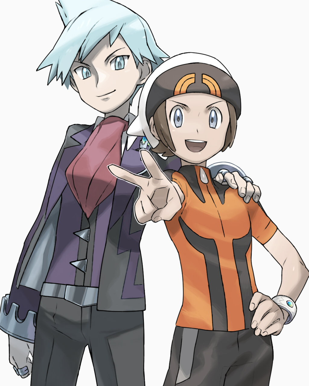 2boys beanie belt black_pants bracelet brendan_(pokemon) brown_hair collared_shirt commentary_request donnpati fingernails grey_eyes hand_on_another's_shoulder hand_on_hip hat highres jacket jewelry long_sleeves looking_at_viewer male_focus multiple_boys open_mouth pants pokemon pokemon_(game) pokemon_oras purple_vest red_neckwear ring shirt short_sleeves smile steven_stone teeth tongue v vest white_shirt