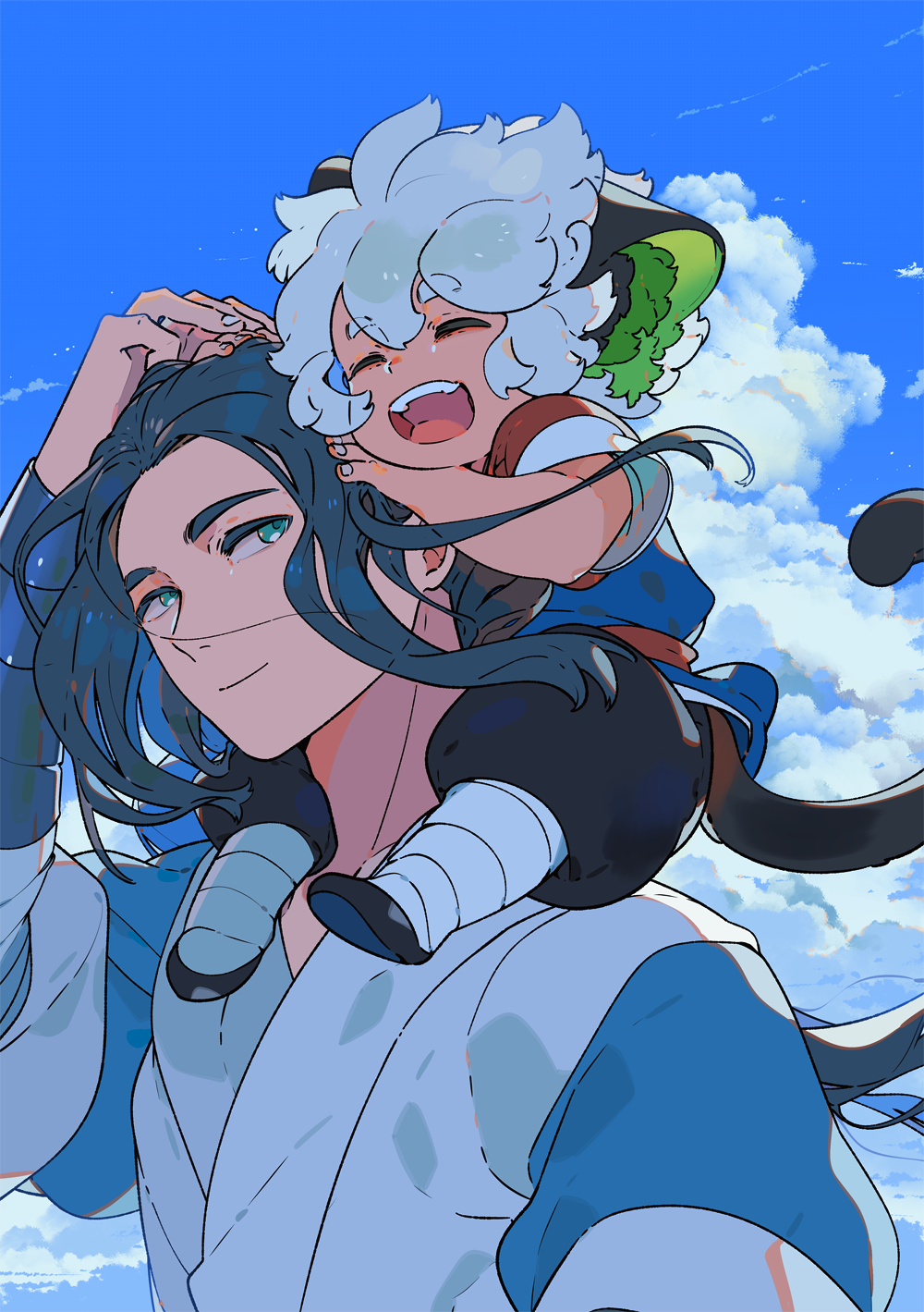 2boys animal_ears aqua_eyes black_footwear black_hair blue_sky carrying cat_ears cat_tail closed_eyes clouds cloudy_sky eyebrows_visible_through_hair highres long_hair long_sleeves luoxiaohei maruco multiple_boys open_mouth short_sleeves shoulder_carry sky smile tail the_legend_of_luo_xiaohei upper_body white_hair wuxian_(the_legend_of_luoxiaohei)