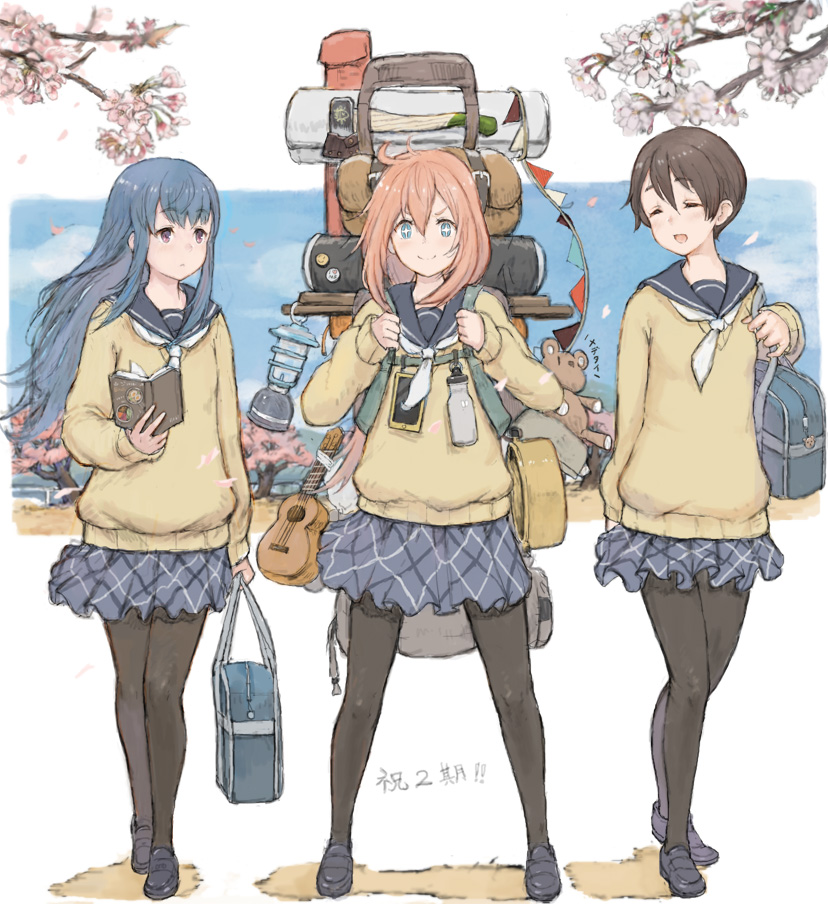 +_+ 3girls backpack bag bangs black_footwear black_legwear blue_eyes blue_hair blue_sailor_collar blue_skirt blue_sky book bottle branch brown_hair carrying cellphone cherry_blossoms closed_eyes closed_mouth commentary day eyebrows_visible_through_hair holding holding_book instrument iwauchi_tomoki kagamihara_nadeshiko lamp light_frown loafers long_hair long_sleeves looking_at_viewer miniskirt multiple_girls neckerchief open_mouth outdoors pantyhose phone pink_hair plaid plaid_skirt pleated_skirt sailor_collar saitou_ena school_bag school_uniform shadow shima_rin shoes short_hair skirt sky smartphone smile standing string_of_flags stuffed_animal stuffed_toy sweater teddy_bear translated ukulele v-neck violet_eyes water_bottle white_neckwear yellow_sweater yurucamp