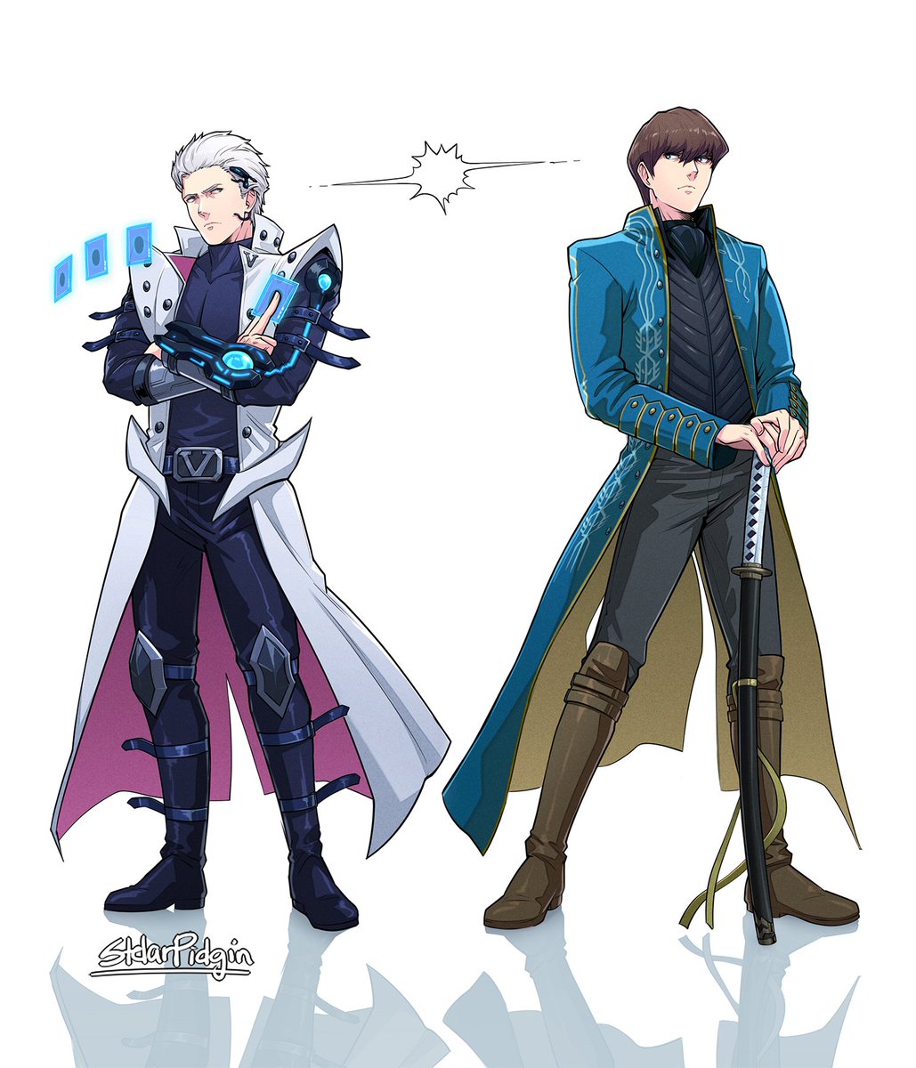 2boys artist_name bangs black_eyes black_footwear black_pants black_shirt black_vest blue_coat blue_eyes boots brown_footwear brown_hair card closed_mouth coat commentary cosplay crossover devil_may_cry devil_may_cry_3 duel_disk full_body hair_between_eyes hair_slicked_back hands_on_hilt headset highres holding holding_card kaiba_seto kaiba_seto_(cosplay) katana knee_boots lightning_glare long_coat long_sleeves looking_at_another male_focus multiple_boys pants scabbard sheath sheathed shirt short_hair sideways_glance simple_background standing stelarpidgin sword trench_coat vergil vergil_(cosplay) vest weapon white_background white_coat white_hair yamato_(sword) yu-gi-oh! yu-gi-oh!_duel_monsters yu-gi-oh!_the_dark_side_of_dimensions