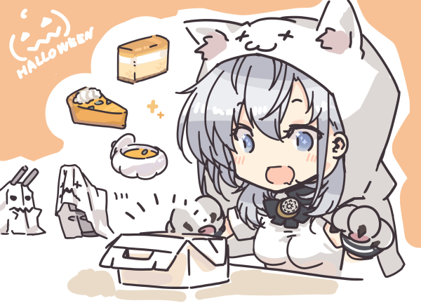 1girl alternate_costume animal_hood box cake chou-10cm-hou-chan_(suzutsuki's) commentary_request food ghost gloves grey_eyes halloween halloween_costume hood kantai_collection long_hair nakadori_(movgnsk) open_mouth paw_gloves paws pie silver_hair smile suzutsuki_(kantai_collection) upper_body